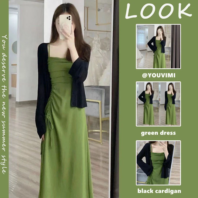 Green Dress + Black Cardigan Set yv31480