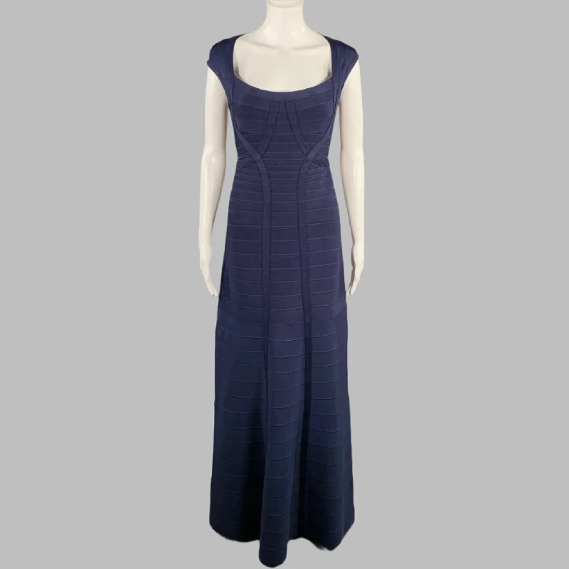 HERVE LEGER Size M Catarina Navy Rayon Blend Bandage Cap Sleeves Evening Gown