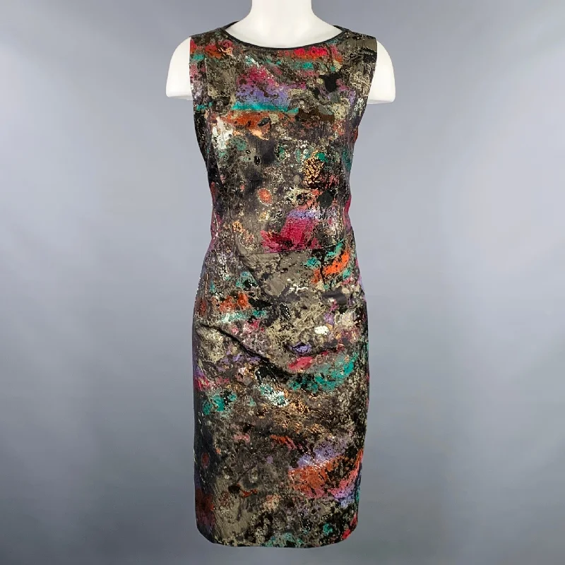 J.MENDEL Size 10 Black Multi Color Silk Blend Marbled Lambskin Sleeveless Dress