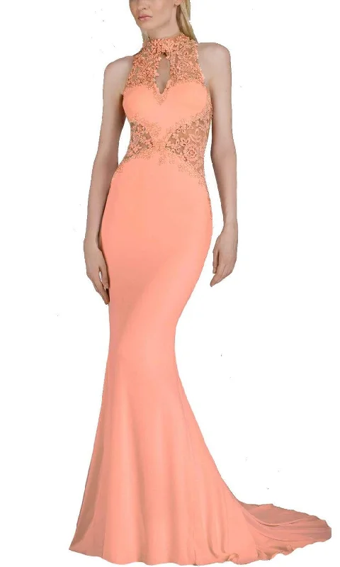 Janique - W974SC Embroidered Halter Mermaid Gown in Peach