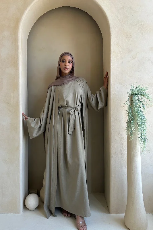 LAMYA LINEN ABAYA SET KHAKI