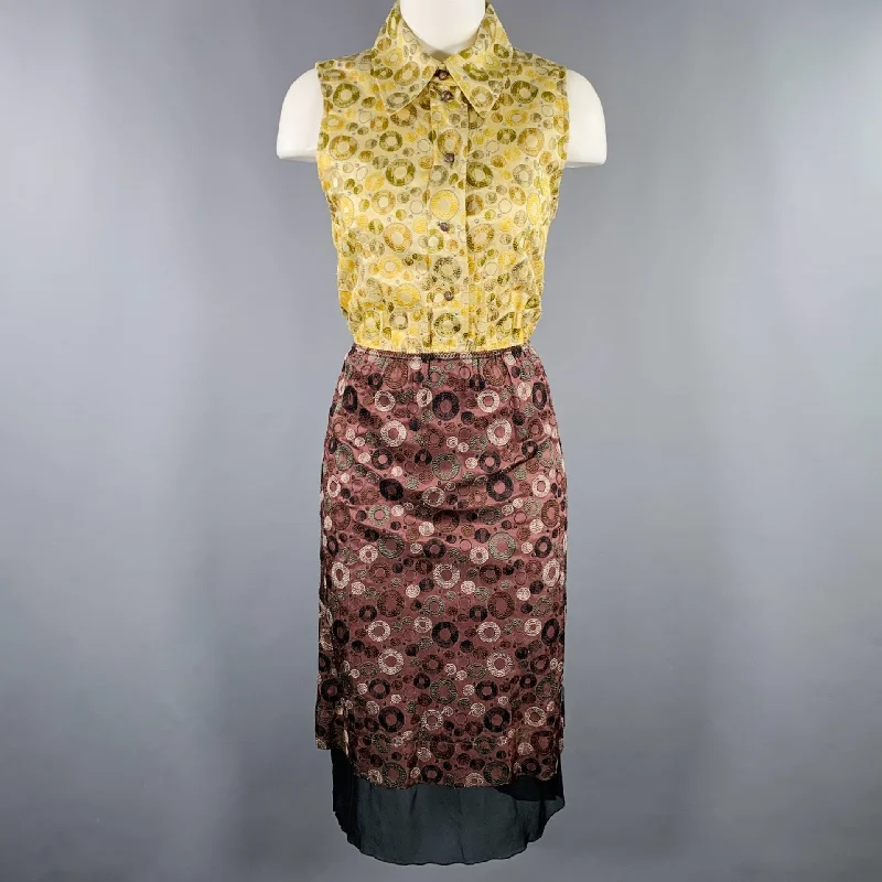 MARC JACOBS Size 4 Yellow Brown Rayon Silk Embroidered Elastic Waistband Dress