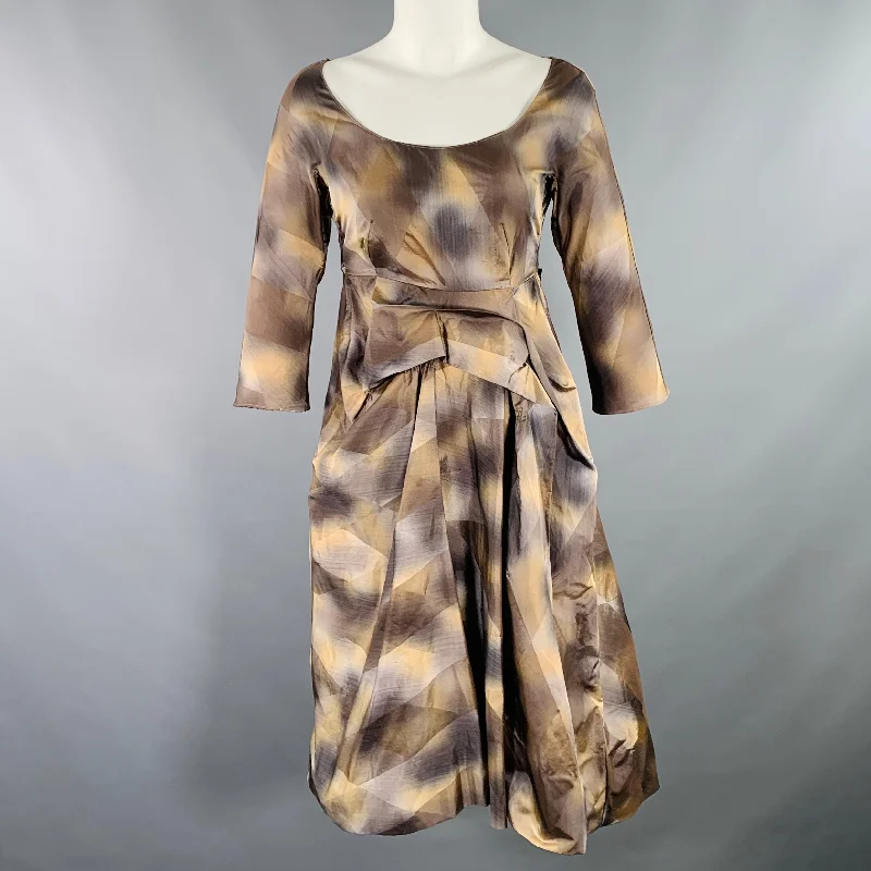 MARNI Size 2 Brown Beige Polyester Taffeta Diamond 3/4 Sleeves Dress