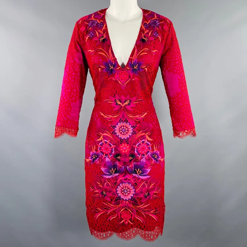 MATTHEW WILLIAMSON Size M Red Fuchsia Nylon Embroidered 3/4 Sleeves Dress