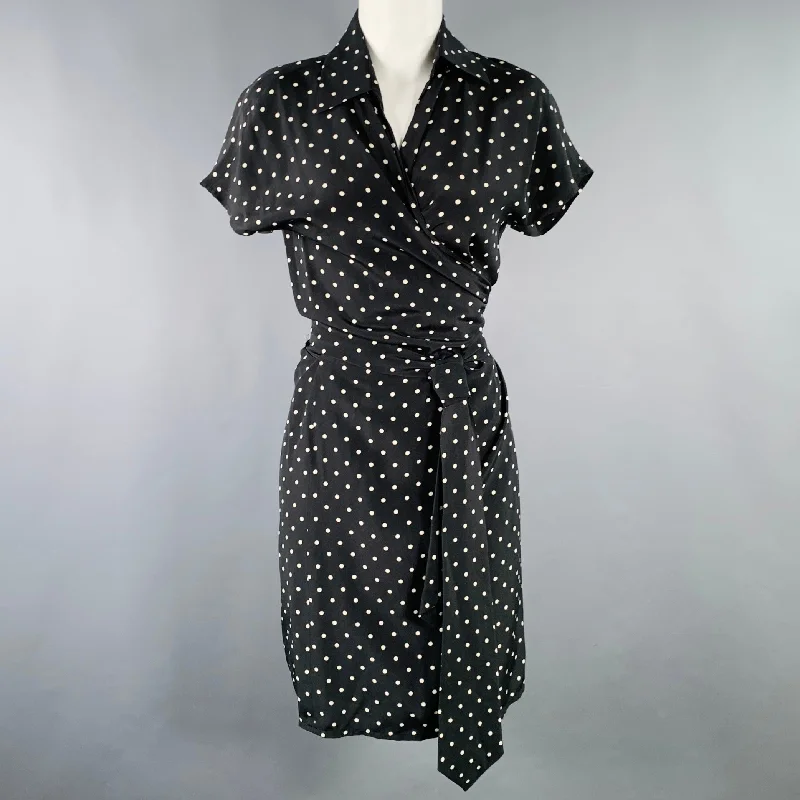 MAX MARA Size M White Black Silk Polka Dot Wrap Dress