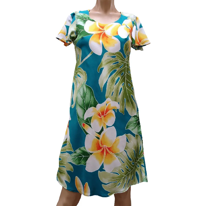 Mega Plumeria Blue A-Line Dress with Cap Sleeves