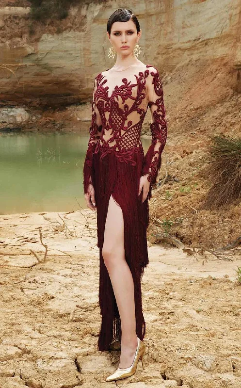 MNM Couture - Embroidered Sheer Bodice High Slit Dress 2356