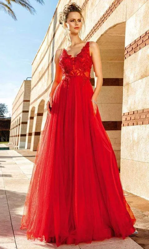 MNM COUTURE - F4884 Sleeveless V-Neck Embroidered Gown