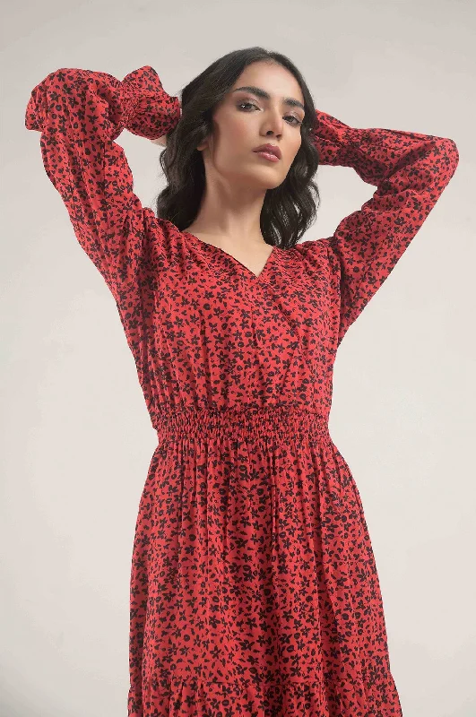 Negative Apparel Flounce Sleeve Shirred Dress FD - Red Ditsy