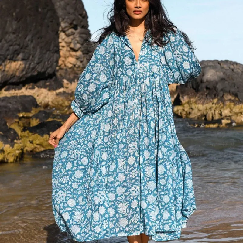 Ocean Blue Bhoo Puff Sleeve Flowy Dress