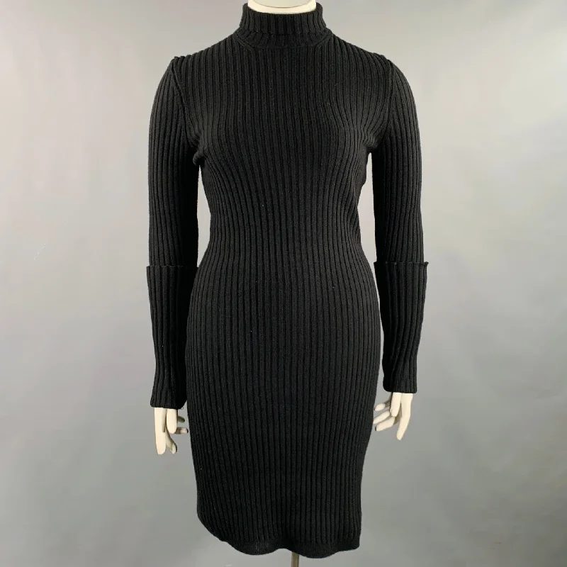 PACO RABANNE Size L Black Wool Blend Ribbed Turtleneck Dress