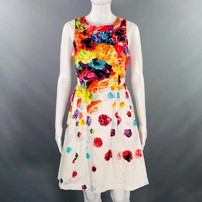 PRABAL GURUNG Size 8 White Multi Color Cotton Blend Floral Sleeveless Dress