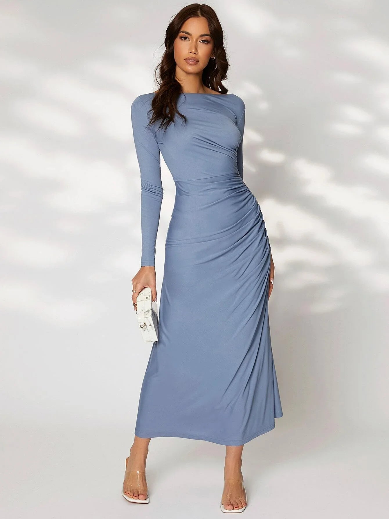 SHEIN Modely Solid Ruched Side Dress