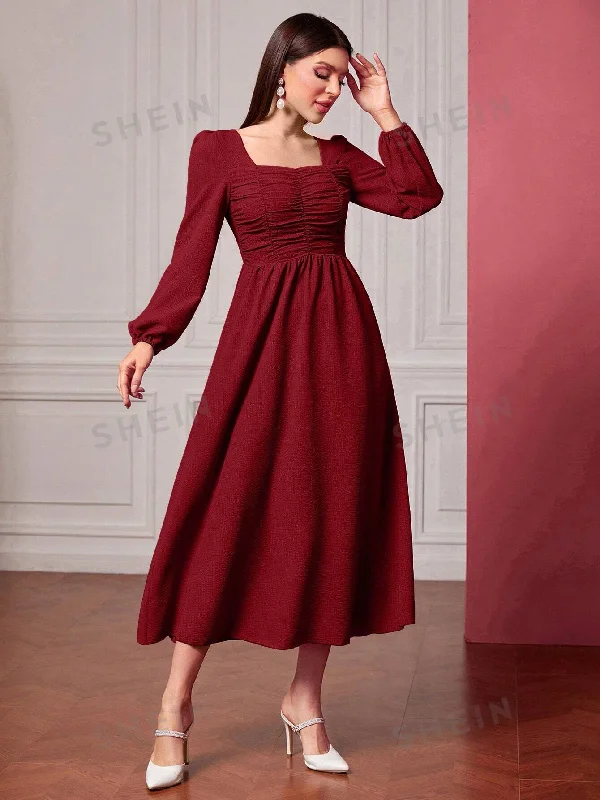 SHEIN Modely Square Neck Ruched Front Lantern Sleeve Dress