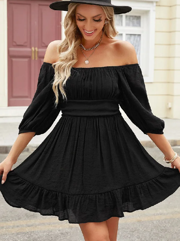 Square Collar or Off Shoulder Solid Color Half Sleeves High Waist Boho Dress