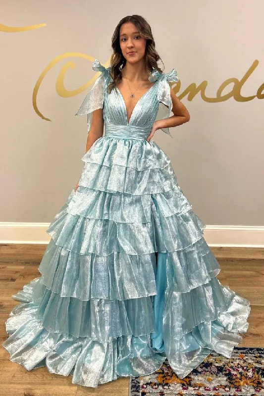 V Neck Blue Ruffle Tiered Organza Prom Dress with Bow