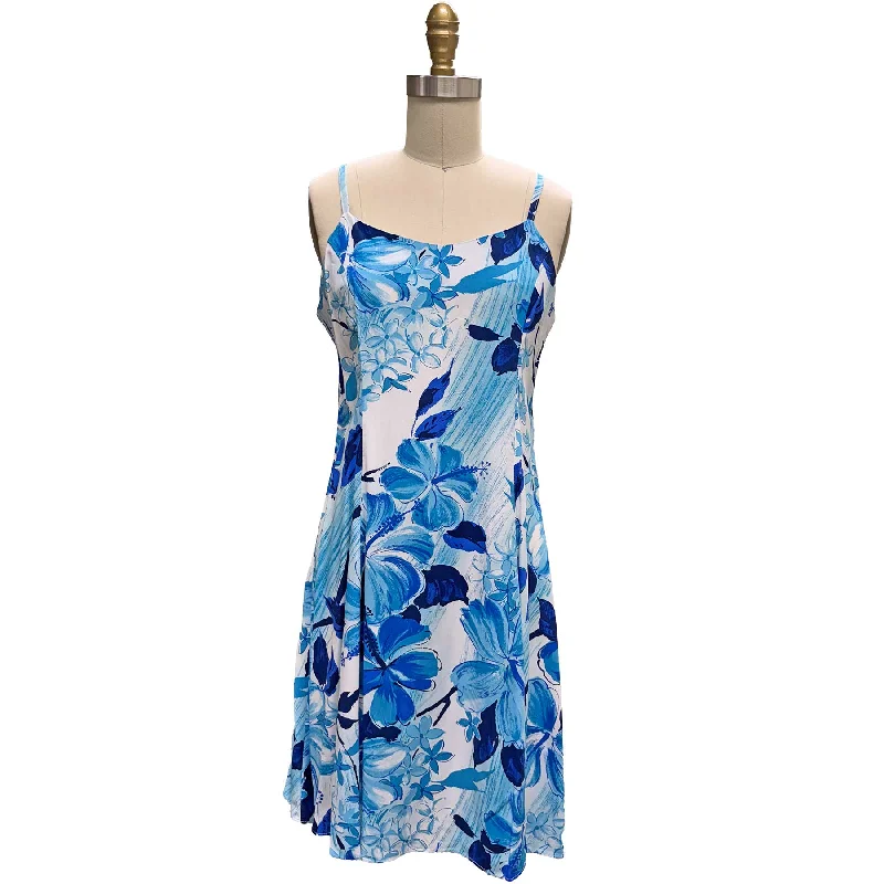 Watercolor Hibiscus Blue Spaghetti Dress