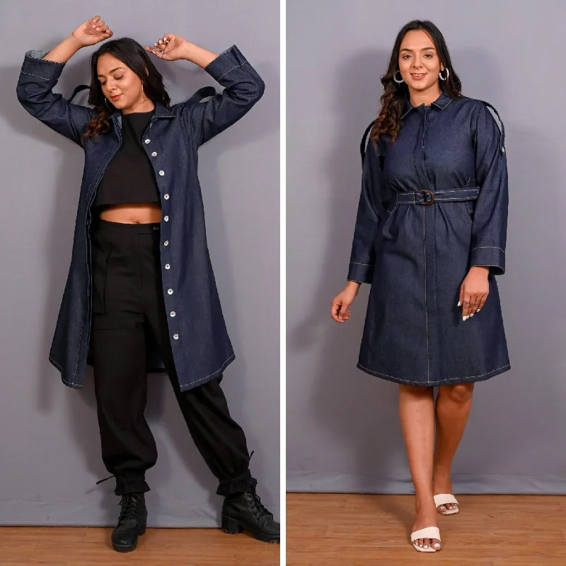 Convertible Indigo Cotton Denim Button-Down Overlay Dress