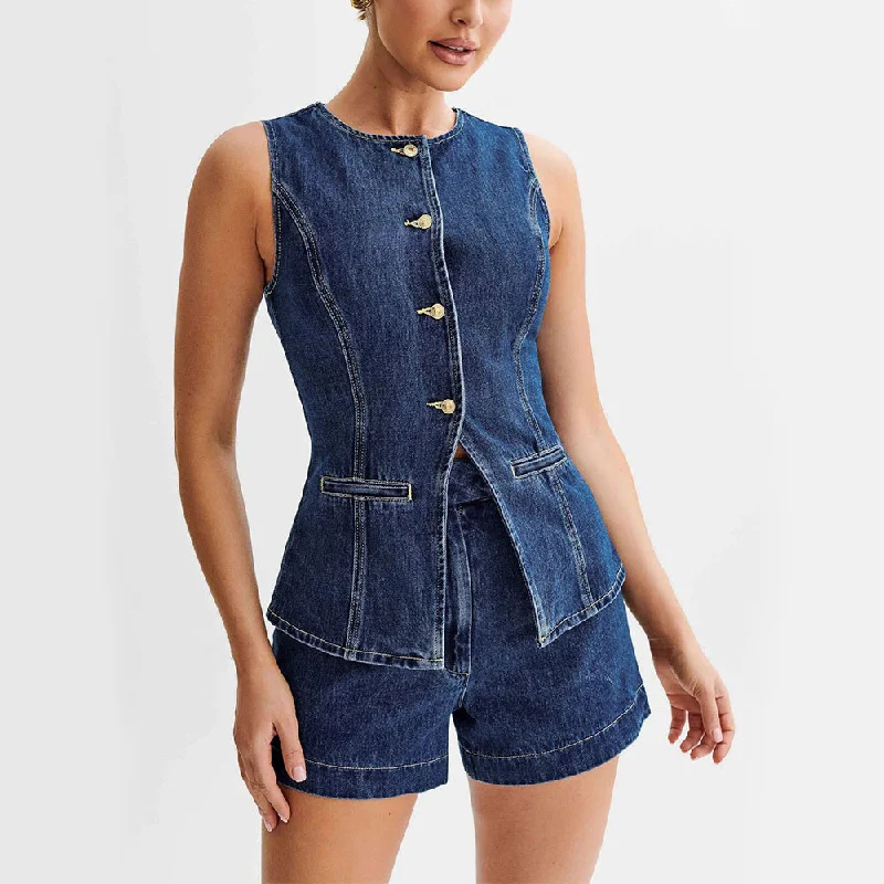 Fashion Denim Suit - Summer Casual Sleeveless Button Vest Top and High Waist Shorts Set for Women