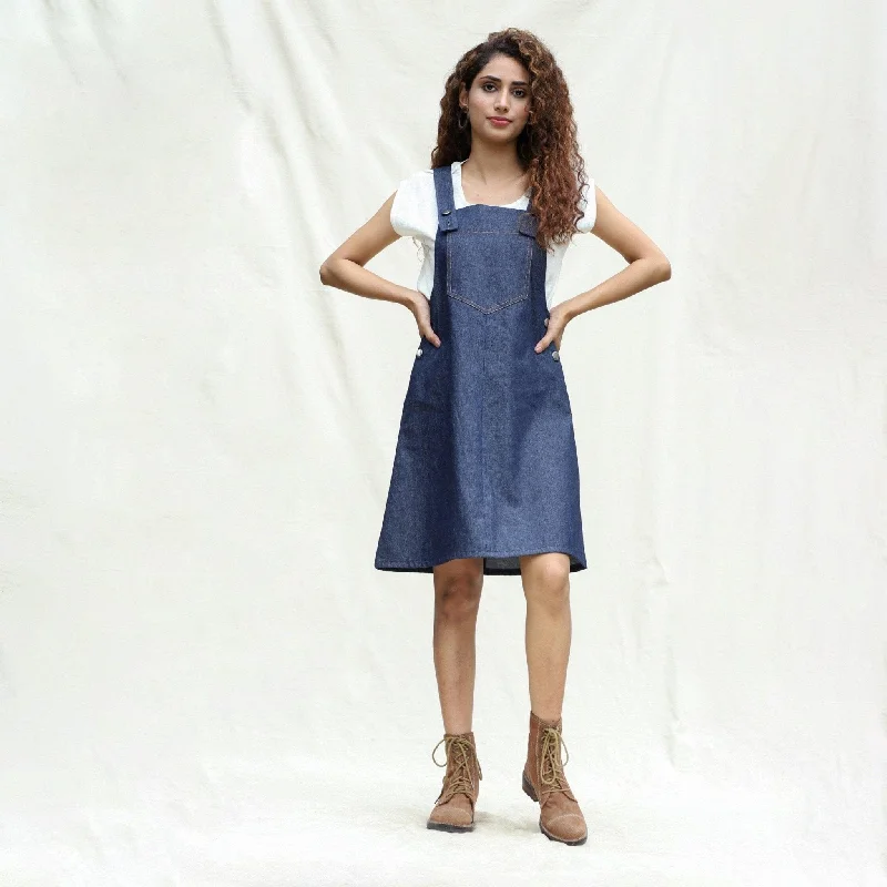 Indigo Cotton Denim Pinafore Knee Length Dress