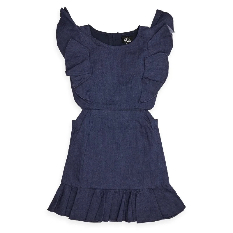 DENIM CUTOUT RUFFLE DRESS