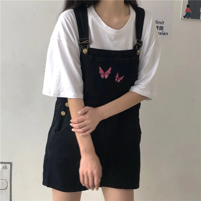 Retro embroidered butterfly denim loose strap dress