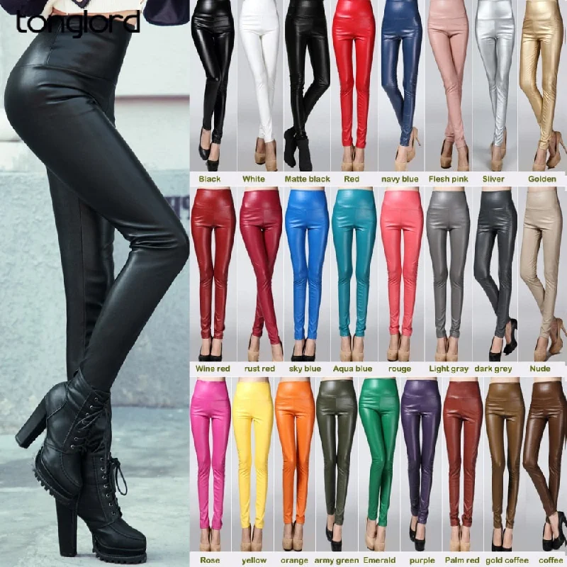 Autumn Winter Women Thin Velvet PU Leather Pants