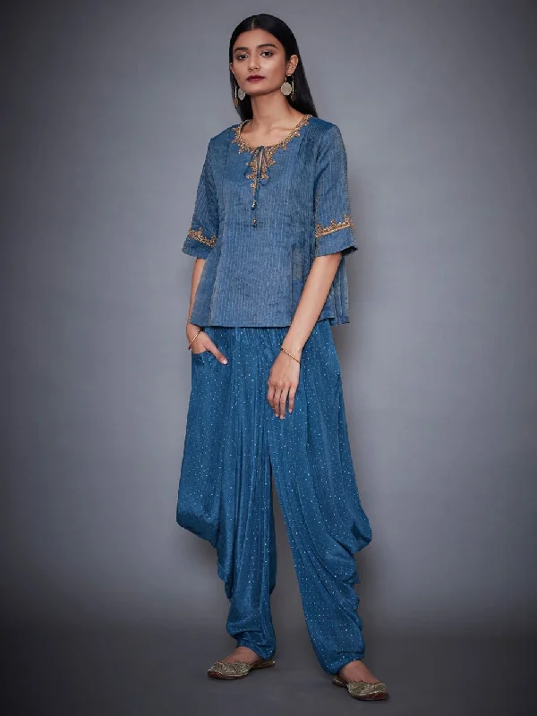 RI Ritu Kumar Teal Blue & Gold Shimmer Kurti With Dhoti Pants