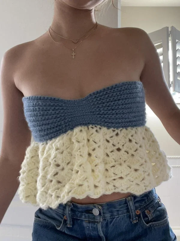 Blue Zone Planet | color-block tube top vest one-shoulder straps backless hot girl knitted sweater top