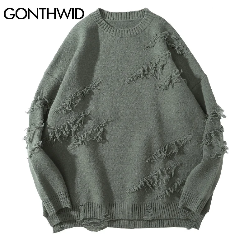 GONTHWID Distressed Destroyed Knitted Jumper Sweaters Streetwear Men 2023 Hip Hop Harajuku Casual Pullover Knitwear Tops