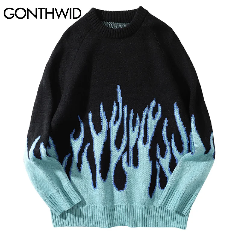 GONTHWID Hip Hop Sweaters Fire Flame Knitted Sweater Jumpers Streetwear Harajuku 2023 Mens Casual Pullover Tops Coats