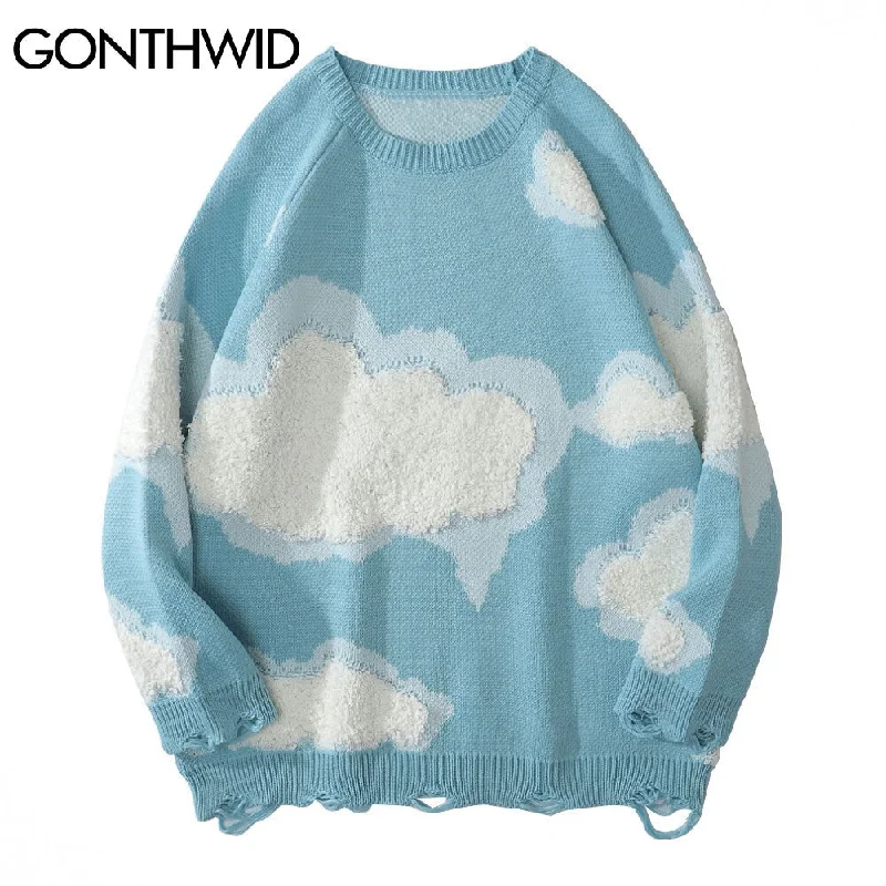 GONTHWID Knitwear Sweater Women Harajuku Hip Hop Streetwear Knitted Cloud Ripped Holes Casual Kawaii Loose Pullover Jumpers Tops