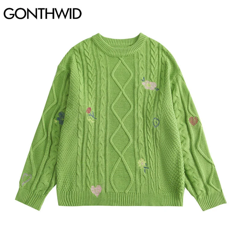 GONTHWID Sweaters Hip Hop Embroidery Flower Heart Knitted Jumpers Sweater Harajuku Loose Casual Streetwear Knitwear Tops