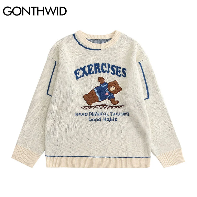 GONTHWID Sweaters Streetwear Harajuku Cartoon Bear Knitted Pullover Jumpers Sweater Loose Casual Men Hip Hop Tops