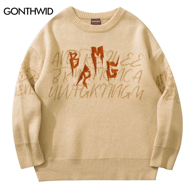 Harajuku Knitted Sweater Hip Hop Embroidery Letter Sweaters Streetwear Men Women 2023 Autumn Vintage Casual Pullover Sweater