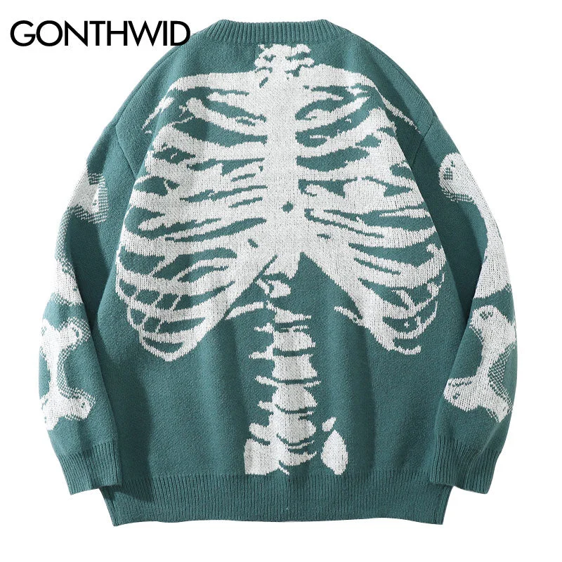 Hip Hop Gothic Knitted Sweater Streetwear Vintage Skull Knit Pullover Sweaters Mens Autumn Casual Knitwear Sweater Green Black