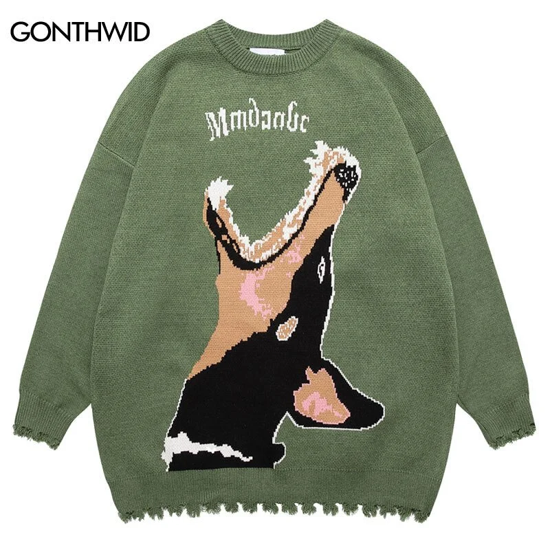 Hip Hop Knitted Sweater Mens Harajuku Doberman Jumpers Sweaters Streetwear 2023 Autumn Winter Casual Pullovers Couple