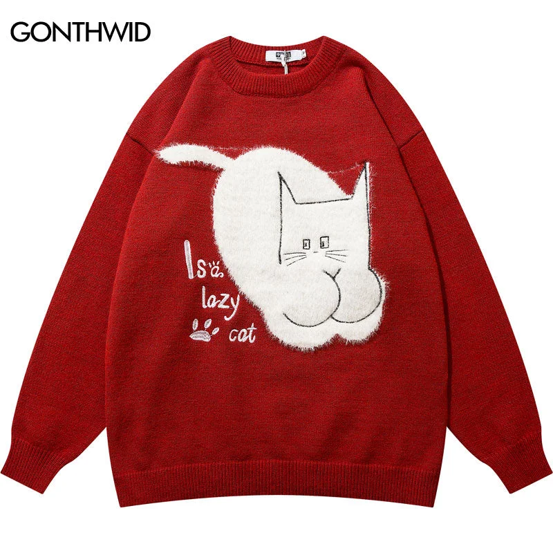 Hip Hop Knitted Sweater Streetwear Embroidery Fuzzy Cartoon Cat Pullover Jumpers Sweaters 2023 Autumn Harajuku Casual Korean Men