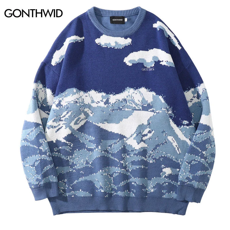 Hip Hop Knitted Sweaters Streetwear Harajuku Japanese Style Wave Jumper Sweater Men Autumn Hip Hop Casual Loose Pullover