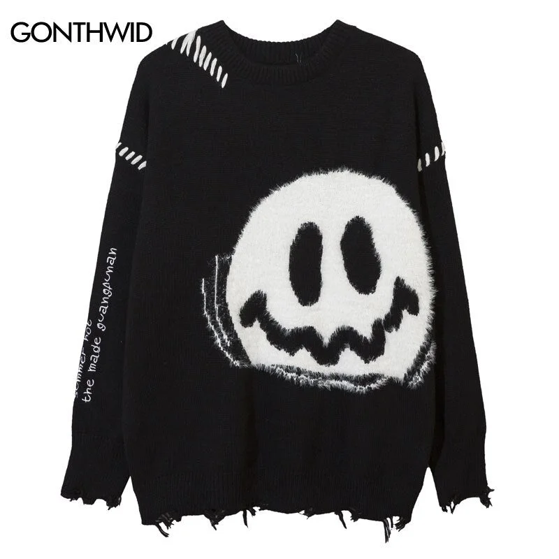 Hip Hop Men Sweaters Streetwear Y2K Grunge Ripped Embroidery Knitted Smily Face Punk Gothic Jumper Hip Hop Casual Loose Pullover