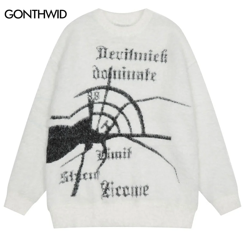 Hip Hop Mens Sweater Y2K Hip Hop Knitted Spider Letter Pullover Streetwear Autumn Harajuku Casual Loose Jumpers Sweaters