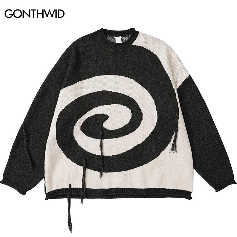 Hip Hop Sweater Streetwear Harajuku Knitted Whirlpool Pullover Jumpers Men Autumn Winter Casual Loose Sweaters Couples