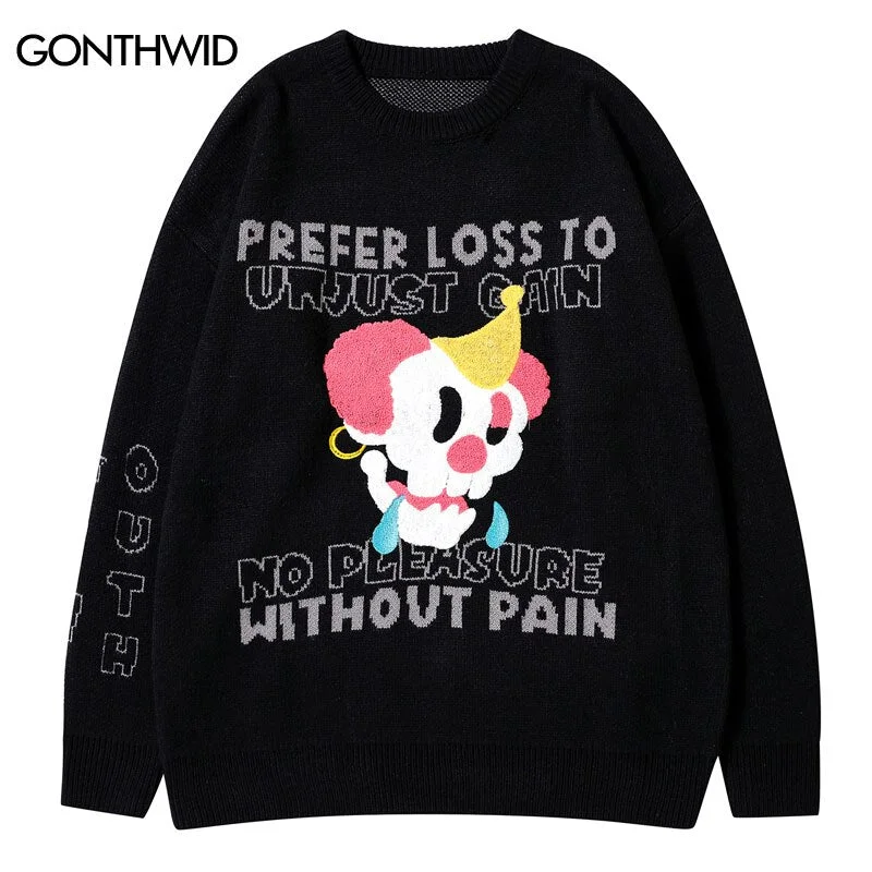 Hip Hop Sweater Y2K Streetwear Mens Knitted Joker Skull Jumpers Sweaters Autumn Harajuku Casual Loose Pullover Sweater