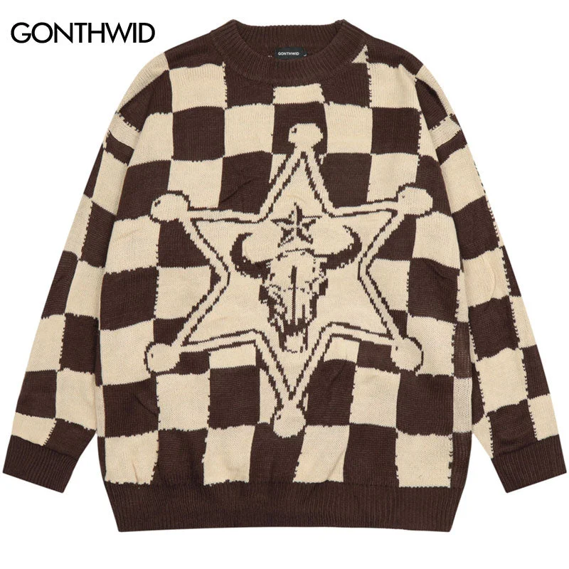 Hip Hop Vintage Sweater Y2K Mens Knitted Star Gun Plaid Jumpers Sweaters 2023 Autumn Harajuku Casual Streetwear Pullover Couple