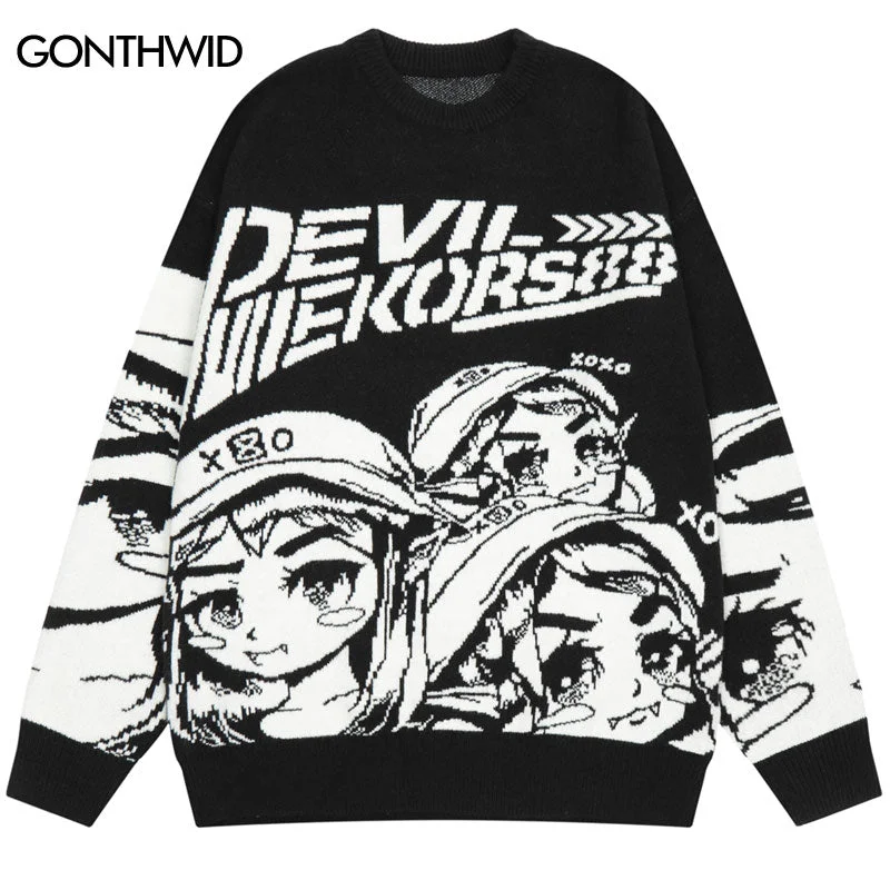 Hip Hop Vintage Sweater Y2K Mens Retro Knitted Japanese Style Anime Cartoon Jumpers 2023 Harajuku Autumn Casual Pullover