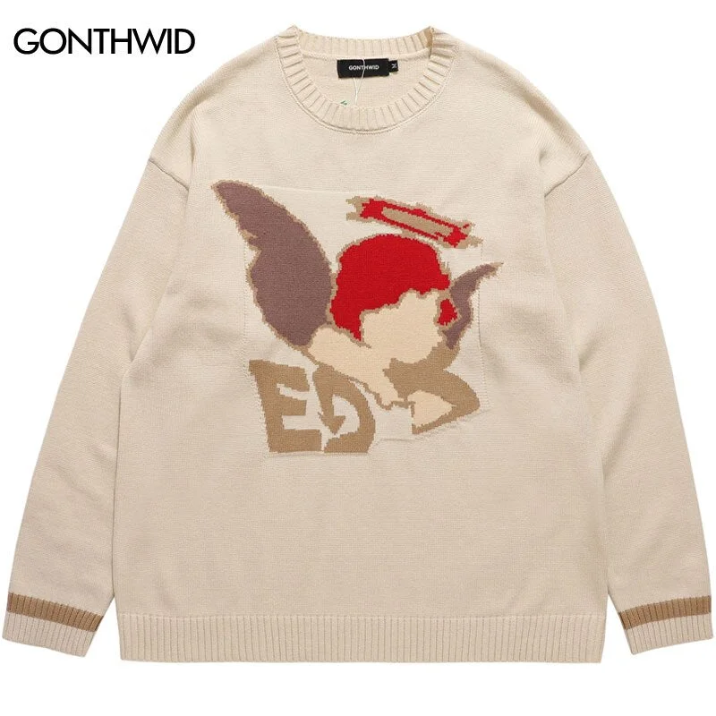 Hip Hop Vintage Sweater Y2K Streetwear Men Knitted Angel Jumpers Autumn Harajuku Casual Loose Oversize Pullover Sweaters