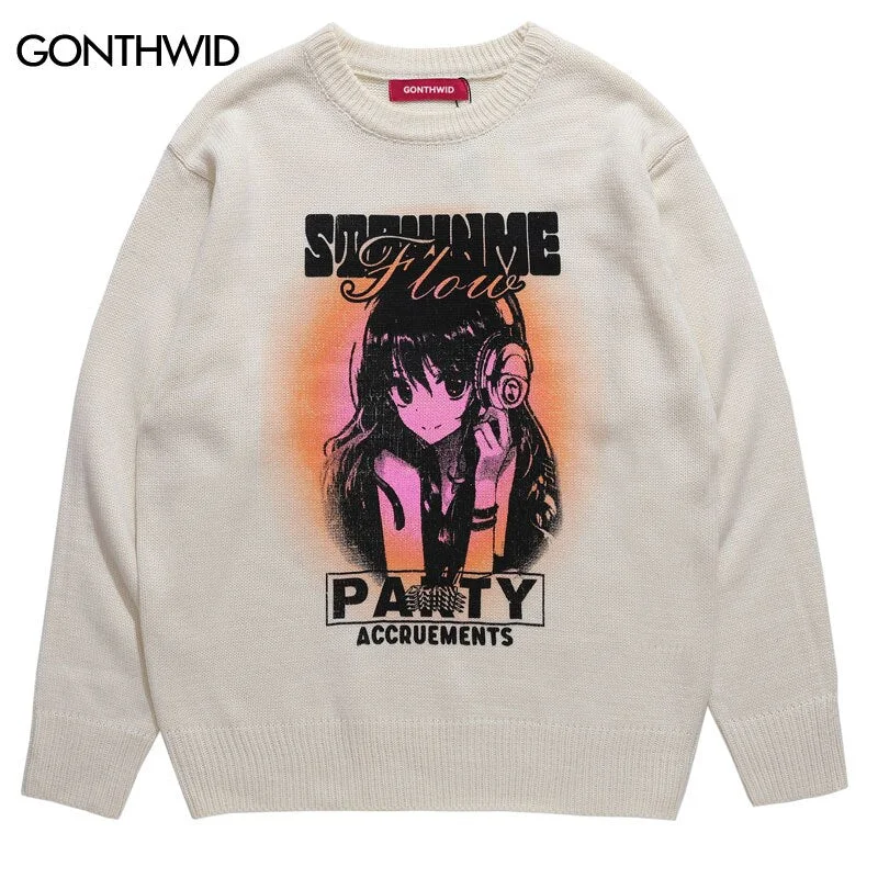 Japanese Sweaters Y2K Streetwear Hip Hop Anime Cartoon Girl Graphic Print Jumpers 2023 Autumn Harajuku Casual Pullover