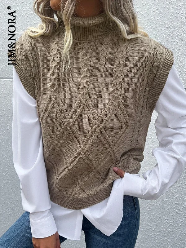 JIM & NORA Casual Women Sleeveless Turtleneck Soild Colour Loose Sweater Vest Warm Pullover Tops