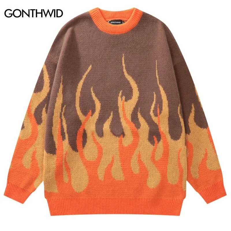 Men Knitted Sweater Y2K Harajuku Fire Flame Jumpers Sweaters Streetwear 2023 Autumn Hip Hop Casual Pullover Sweater Blue Orange