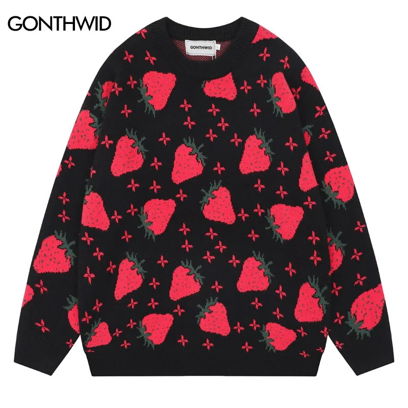 Men Knitted Sweater Y2K Harajuku Strawberry Pullover Jumpers Sweaters Streetwear Autumn Hip Hop Casual Loose Sweater